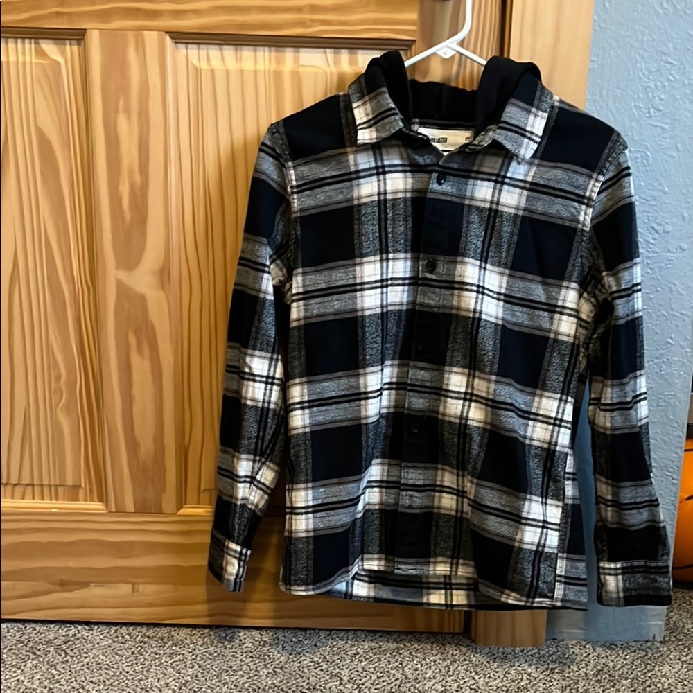 Hollister Black and White Hooded Plaid Shirt